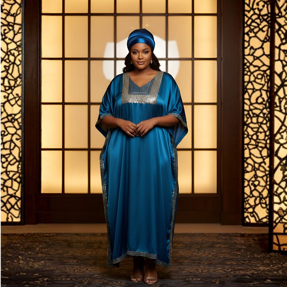 Gypsie Blu Women Plus Size Caftan Dress Satin Sequences Maxi Dresses for Gown